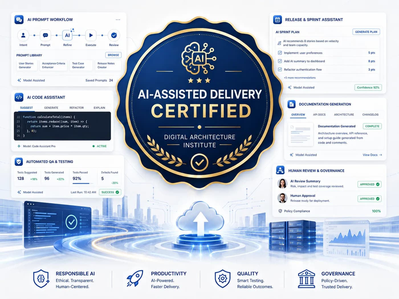 Sello AI-Assisted Delivery Certified rodeado de flujos de prompts, asistente de código, QA automatizado y panel de gobernanza de IA.