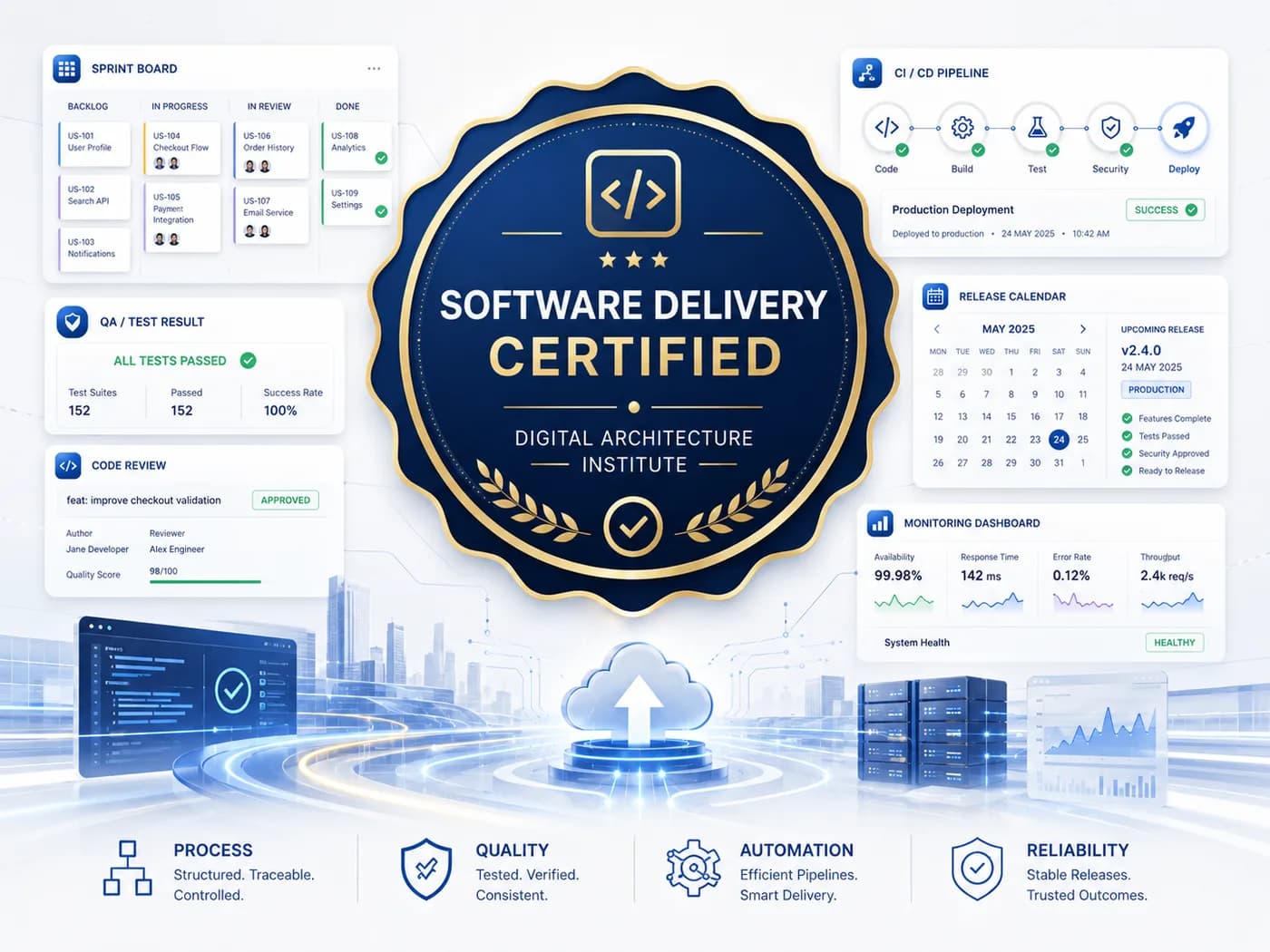 Sello Software Delivery Certified rodeado de tableros de sprint, pipelines de CI/CD, métricas de QA y dashboards de monitoreo.